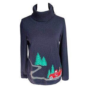 Talbots Petites dark blue long sleeve pullover turtleneck Christmas sweater SP
